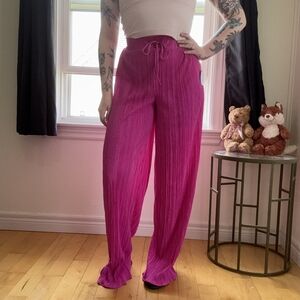 Women's Pleated Boho-Style Flowy Fuchsia Wide Leg Pants